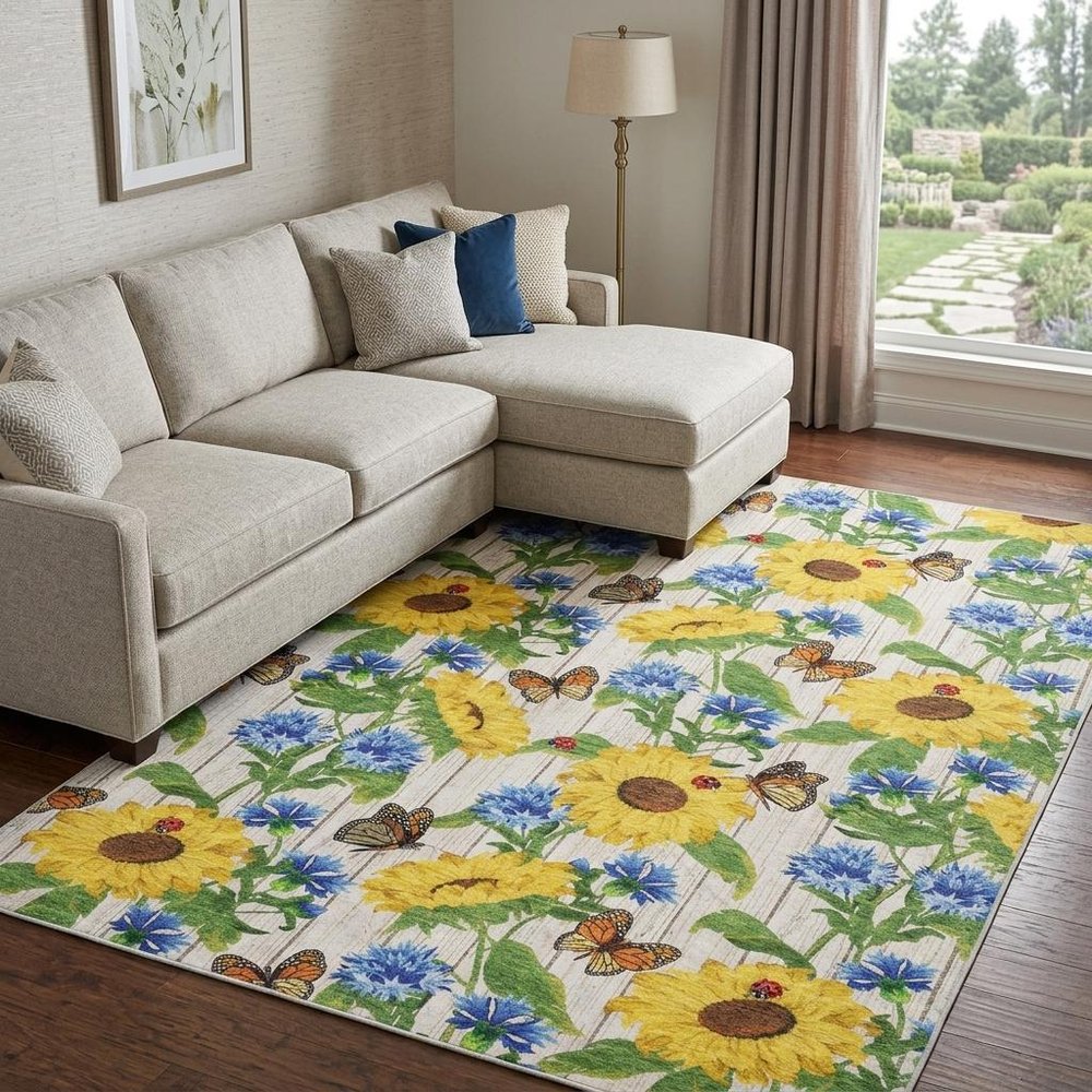 9' X 12' Yellow And Ivory Floral Shag Washable Area Rug With UV Protection
