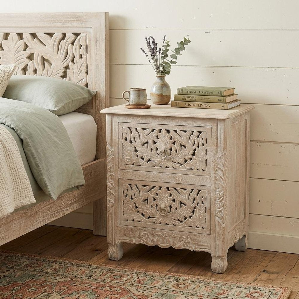 27" White Solid Wood Square Distressed Carved Floral Two Drawer Nightstand