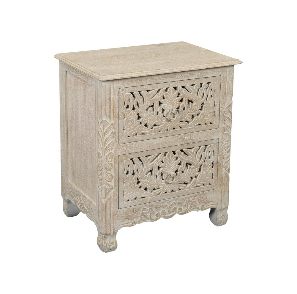 27" White Solid Wood Square Distressed Carved Floral Two Drawer Nightstand