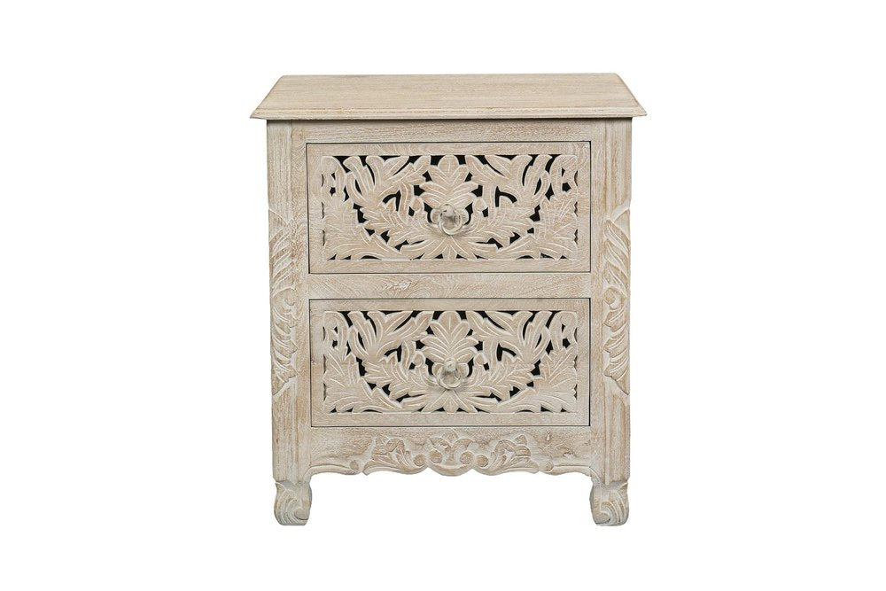27" White Solid Wood Square Distressed Carved Floral Two Drawer Nightstand