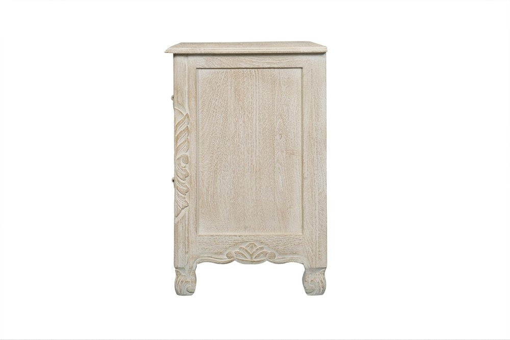 27" White Solid Wood Square Distressed Carved Floral Two Drawer Nightstand