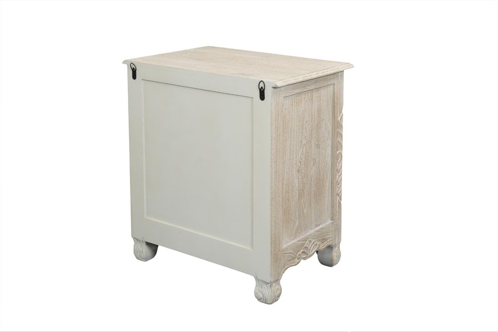 27" White Solid Wood Square Distressed Carved Floral Two Drawer Nightstand