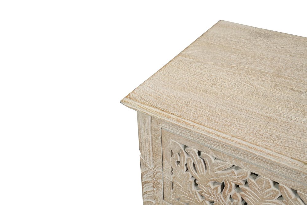 27" White Solid Wood Square Distressed Carved Floral Two Drawer Nightstand