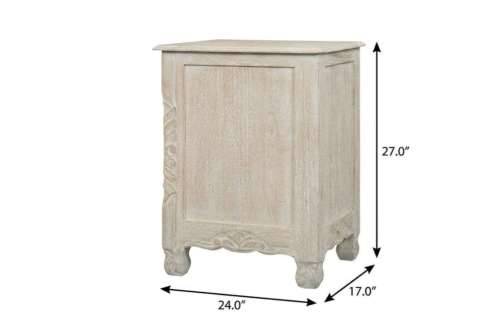 27" White Solid Wood Square Distressed Carved Floral Two Drawer Nightstand