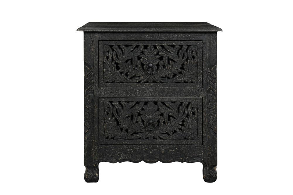 27" White Solid Wood Square Distressed Carved Floral Two Drawer Nightstand