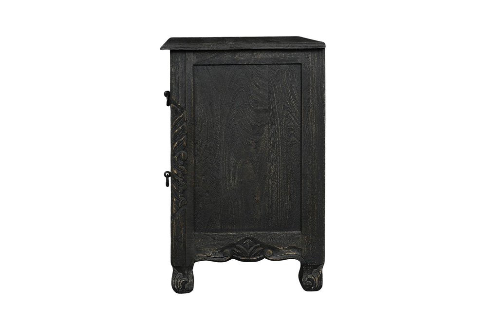 27" White Solid Wood Square Distressed Carved Floral Two Drawer Nightstand