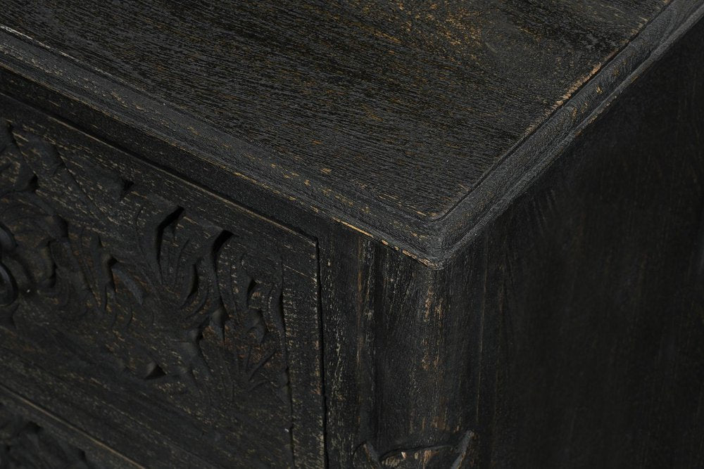 27" White Solid Wood Square Distressed Carved Floral Two Drawer Nightstand