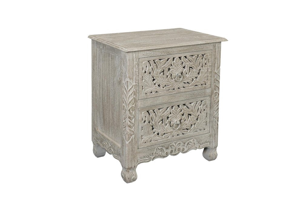 27" White Solid Wood Square Distressed Carved Floral Two Drawer Nightstand