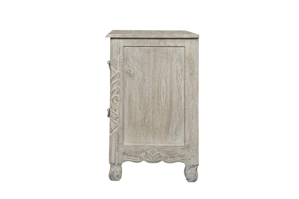 27" White Solid Wood Square Distressed Carved Floral Two Drawer Nightstand
