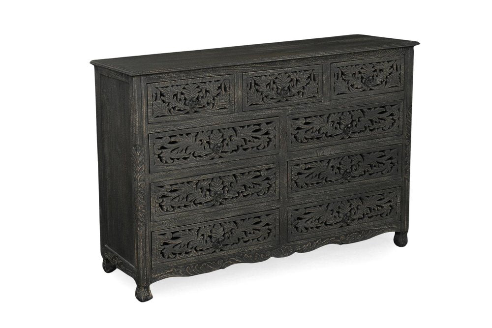 57" Black Carved Floral Solid Wood Nine Drawer Dresser