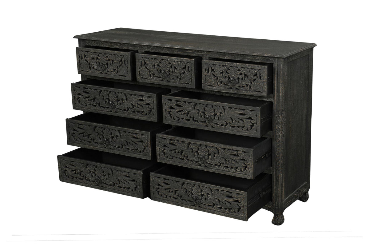 57" Black Carved Floral Solid Wood Nine Drawer Dresser