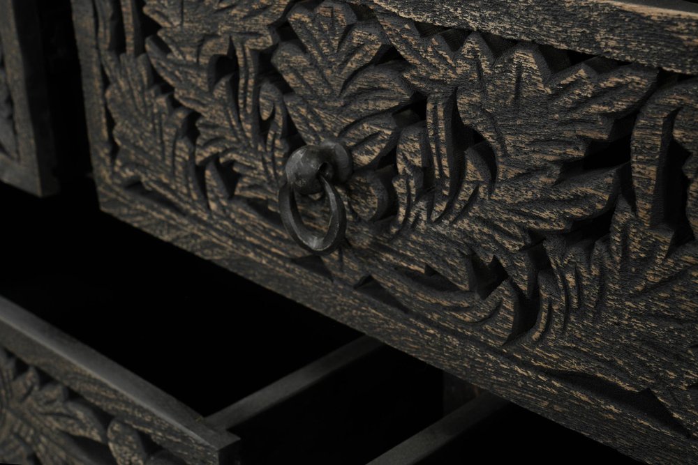 57" Black Carved Floral Solid Wood Nine Drawer Dresser