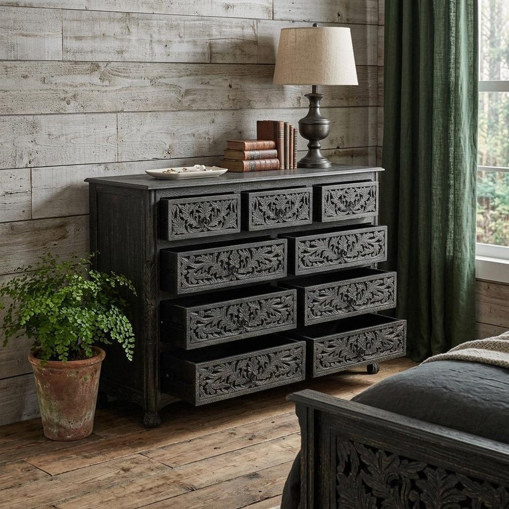 57" Black Carved Floral Solid Wood Nine Drawer Dresser