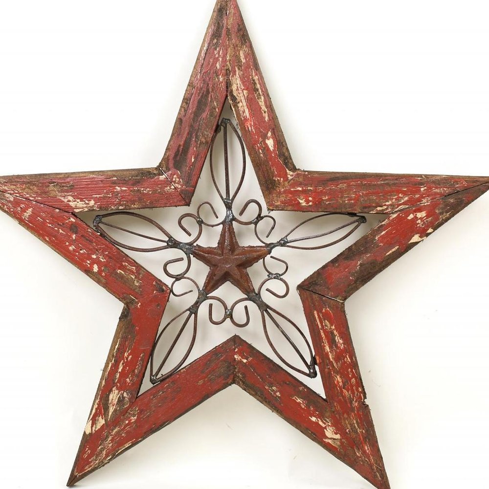 20" X 20" Red And Brown Wood And Iron Star Hanging Dimensional Sculpture