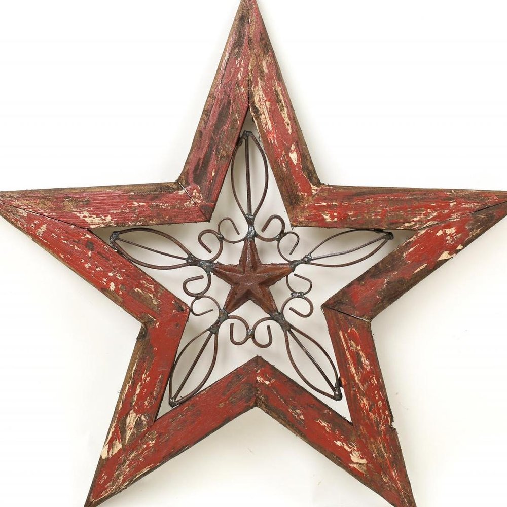 20" X 20" Red And Brown Wood And Iron Star Hanging Dimensional Sculpture