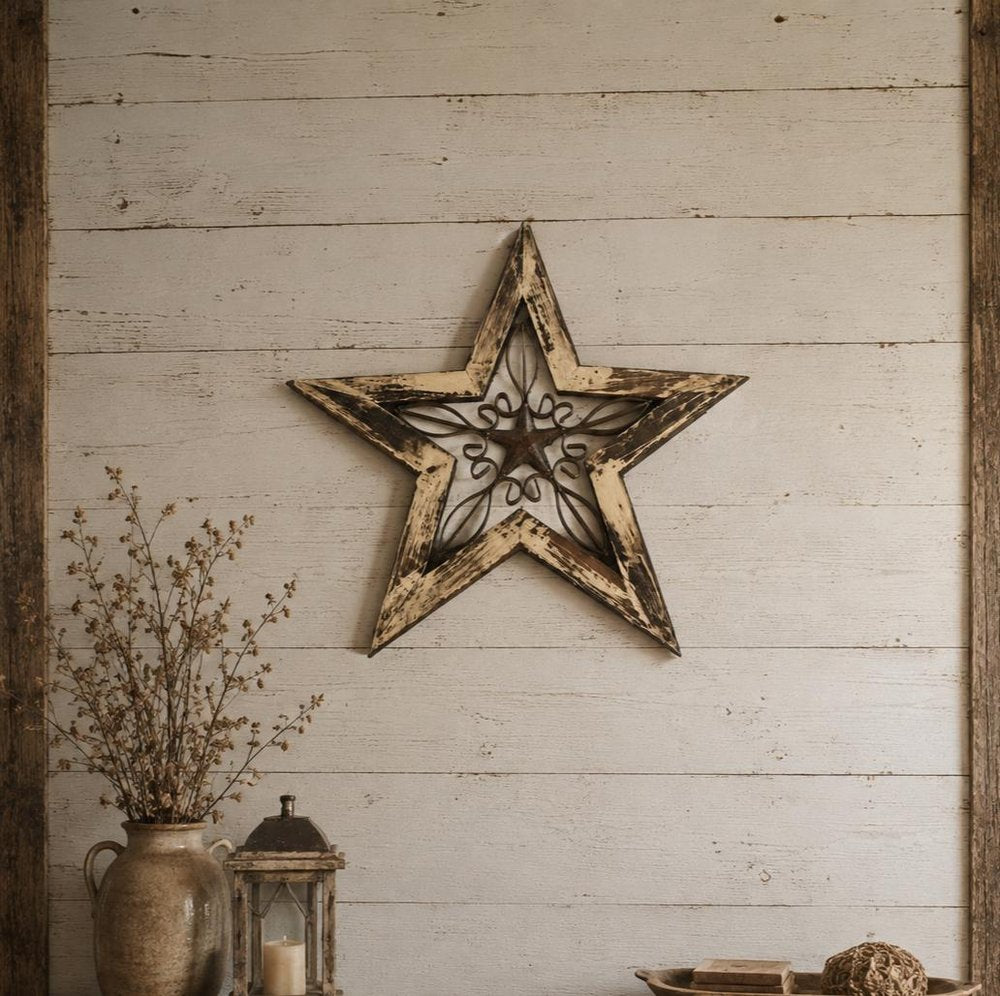 20" X 20" Red And Brown Wood And Iron Star Hanging Dimensional Sculpture