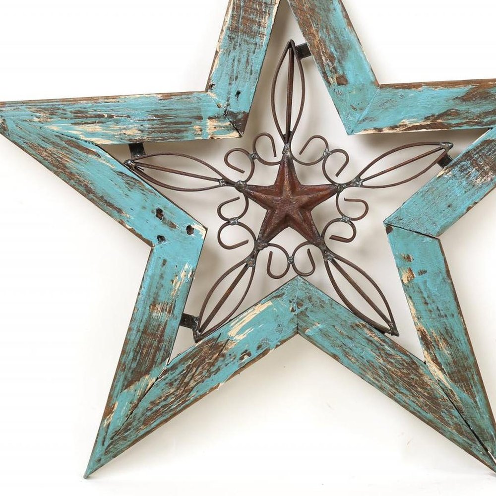 20" X 20" Red And Brown Wood And Iron Star Hanging Dimensional Sculpture