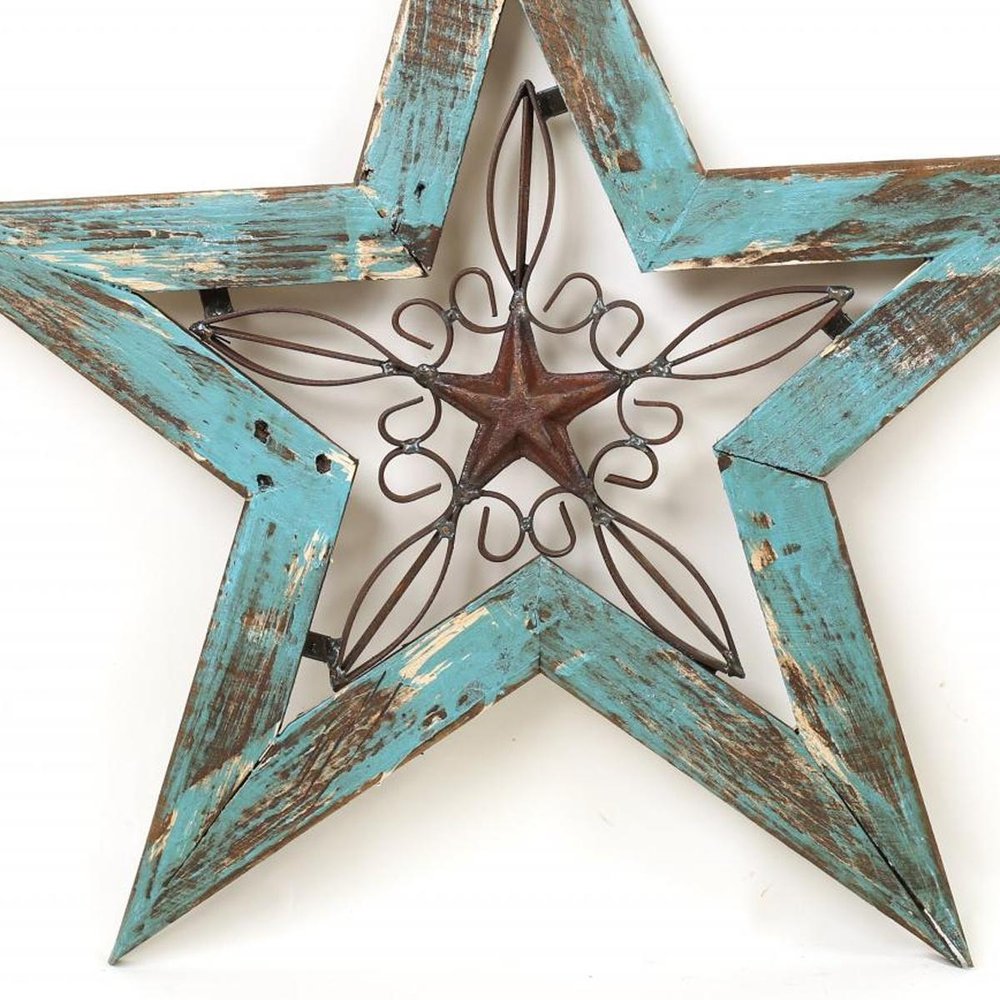 20" X 20" Red And Brown Wood And Iron Star Hanging Dimensional Sculpture
