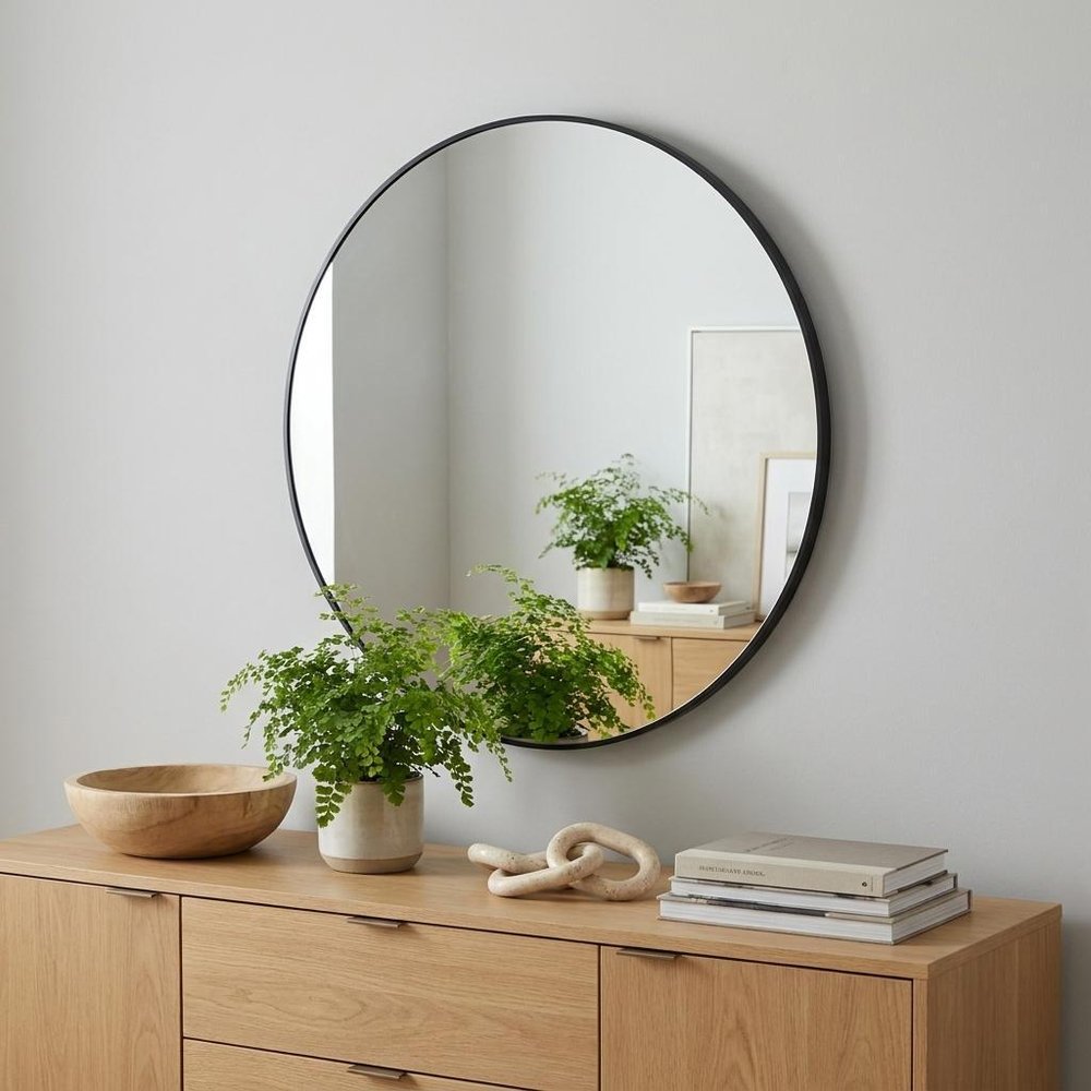 36" Black Aluminum Round Framed Bathroom Vanity Mirror