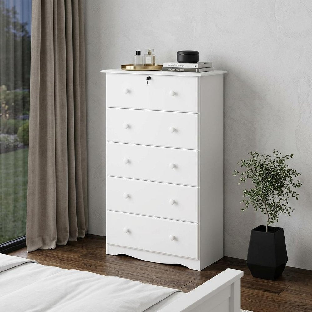 32" White Solid Wood Five Drawer Dresser