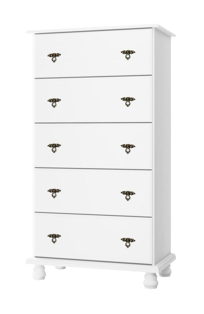 32" White Solid Wood Five Drawer Dresser