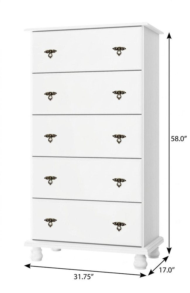 32" White Solid Wood Five Drawer Dresser