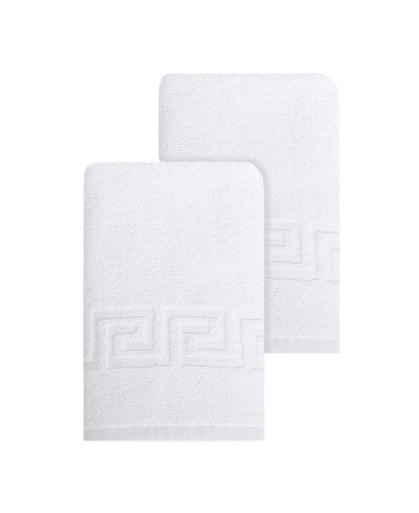 Set of Two White Greek Key Turkish Cotton 16" X 30" Hand Towels