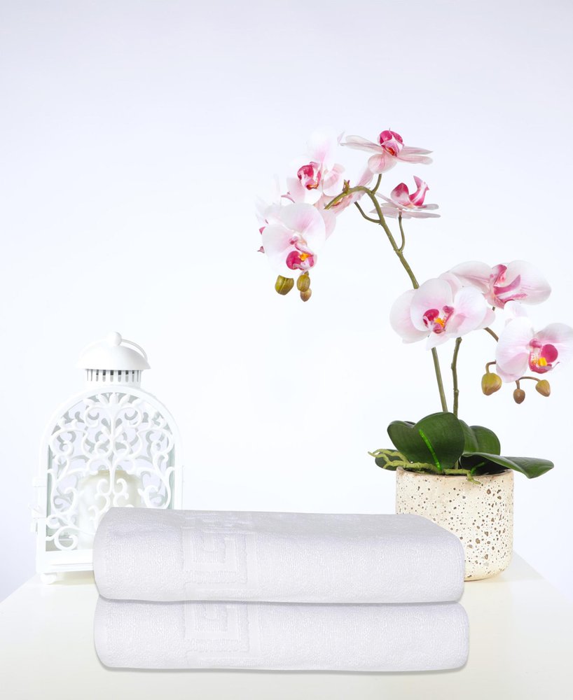 Set of Two White Greek Key Turkish Cotton 27" X 54" Bath Towels