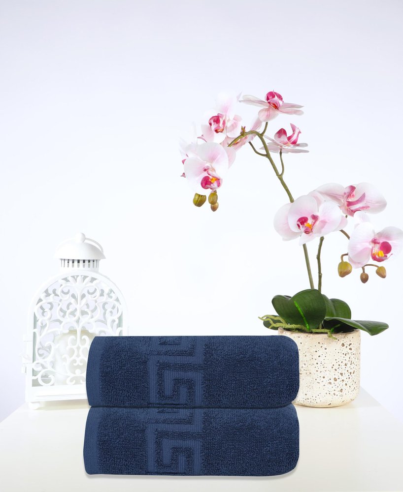 Set of Two White Greek Key Turkish Cotton 16" X 30" Hand Towels