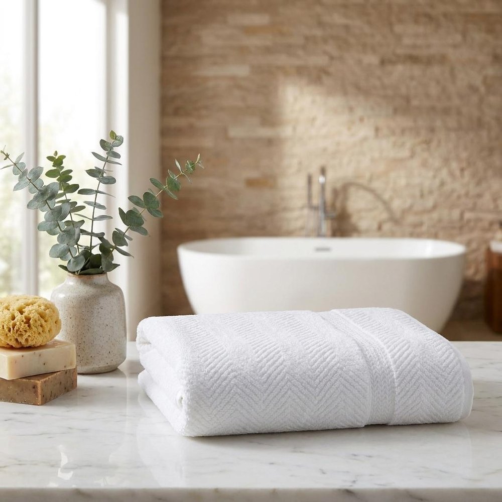 Set of Two White Chevron Turkish Cotton 40" X 70" Bath Sheet