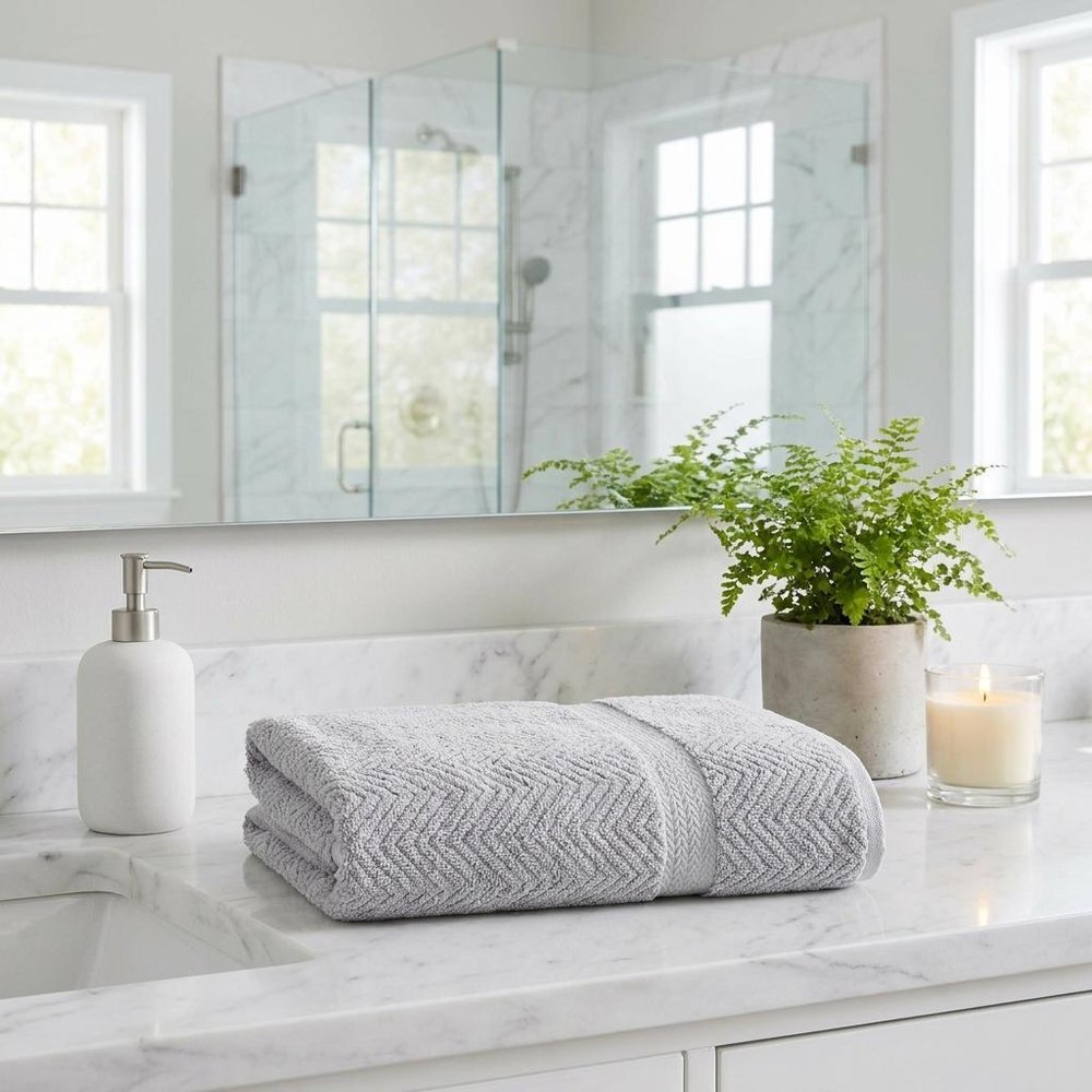 Set of Two White Chevron Turkish Cotton 27" X 54" Bath Towels