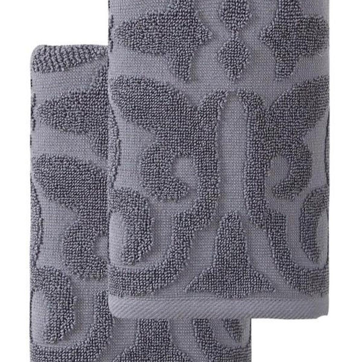 Set of Two Dark Gray Floral Turkish Cotton 16" X 30" Hand Towels