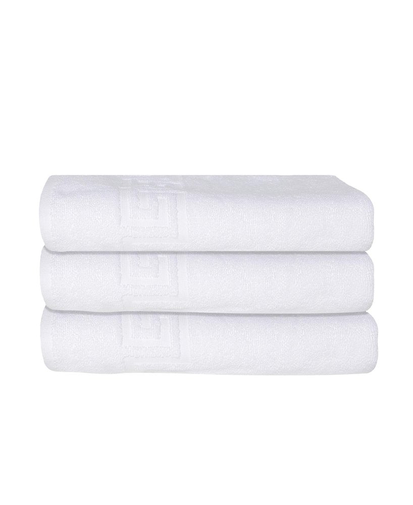 Set of Three White Greek Key Turkish Cotton 27" X 54" Bath Towels