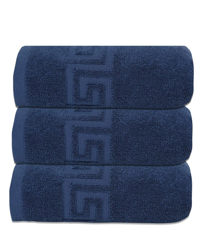 Set of Three White Greek Key Turkish Cotton 16" X 30" Hand Towels