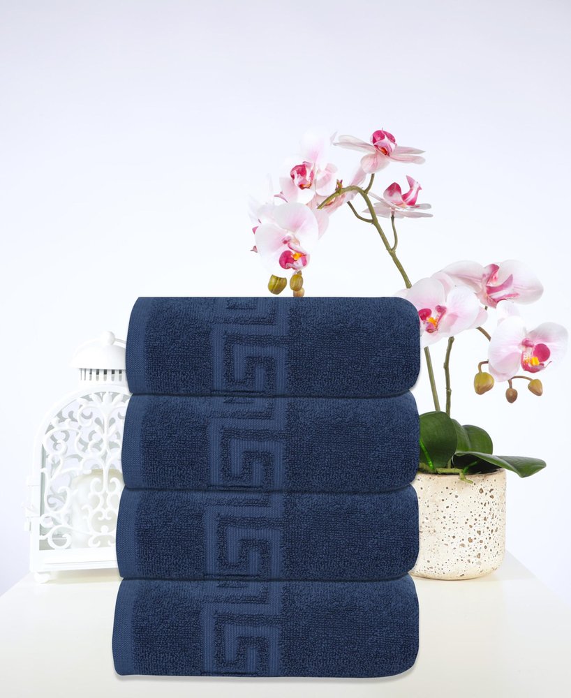Set of Four White Greek Key Turkish Cotton 16" X 30" Hand Towels