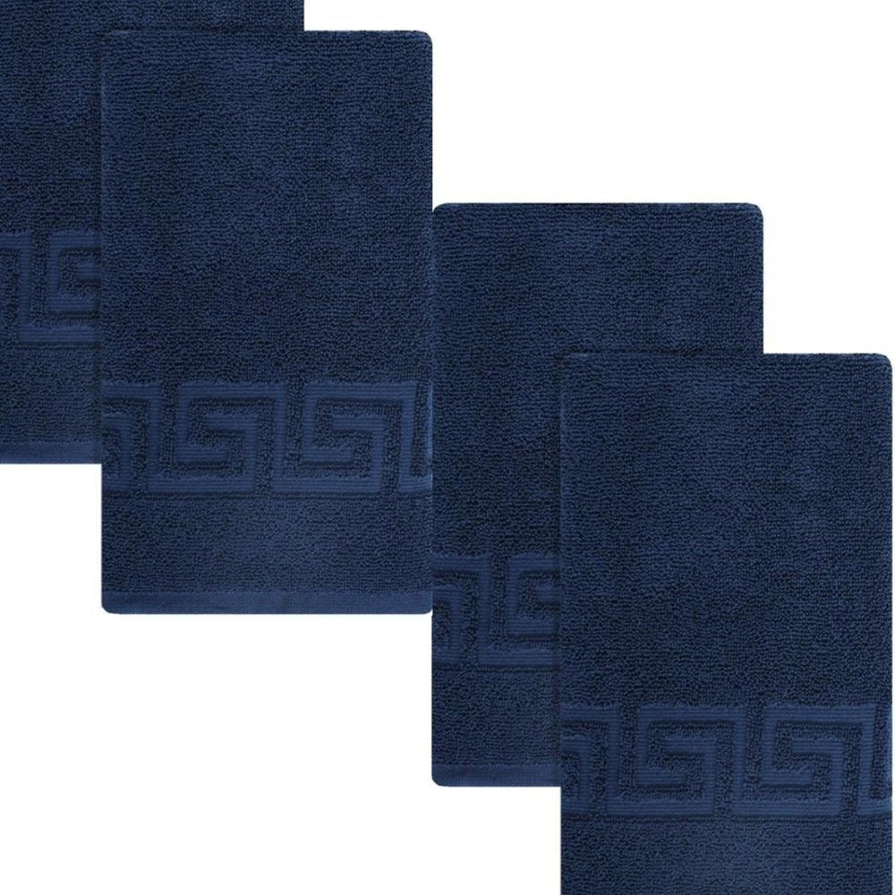 Set of Four White Greek Key Turkish Cotton 16" X 30" Hand Towels