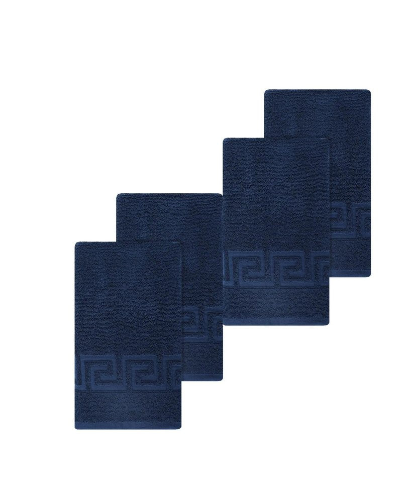 Set of Four White Greek Key Turkish Cotton 16" X 30" Hand Towels