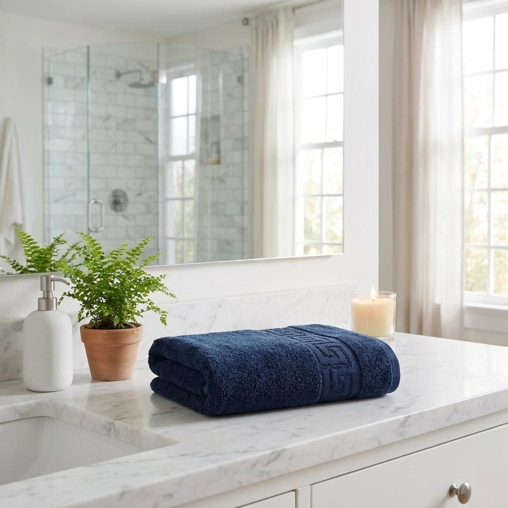 Set of Four White Greek Key Turkish Cotton 27" X 54" Bath Towels