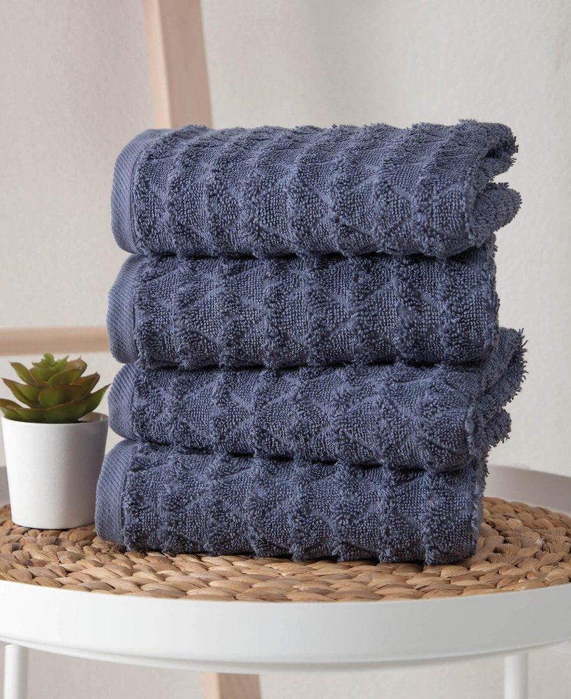Set of Four Aqua Geometric Turkish Cotton 16" X 30" Hand Towels