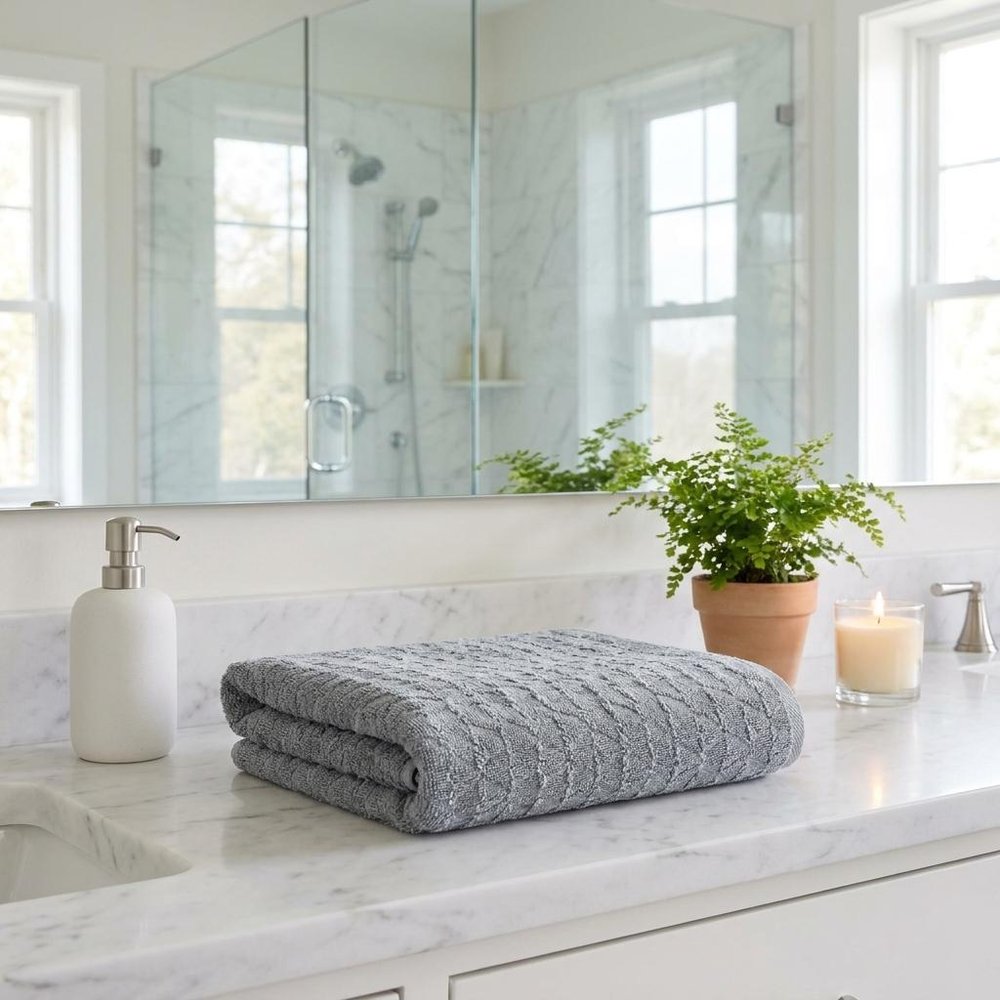 Set of Two White Geometric Turkish Cotton 27" X 54" Bath Towels