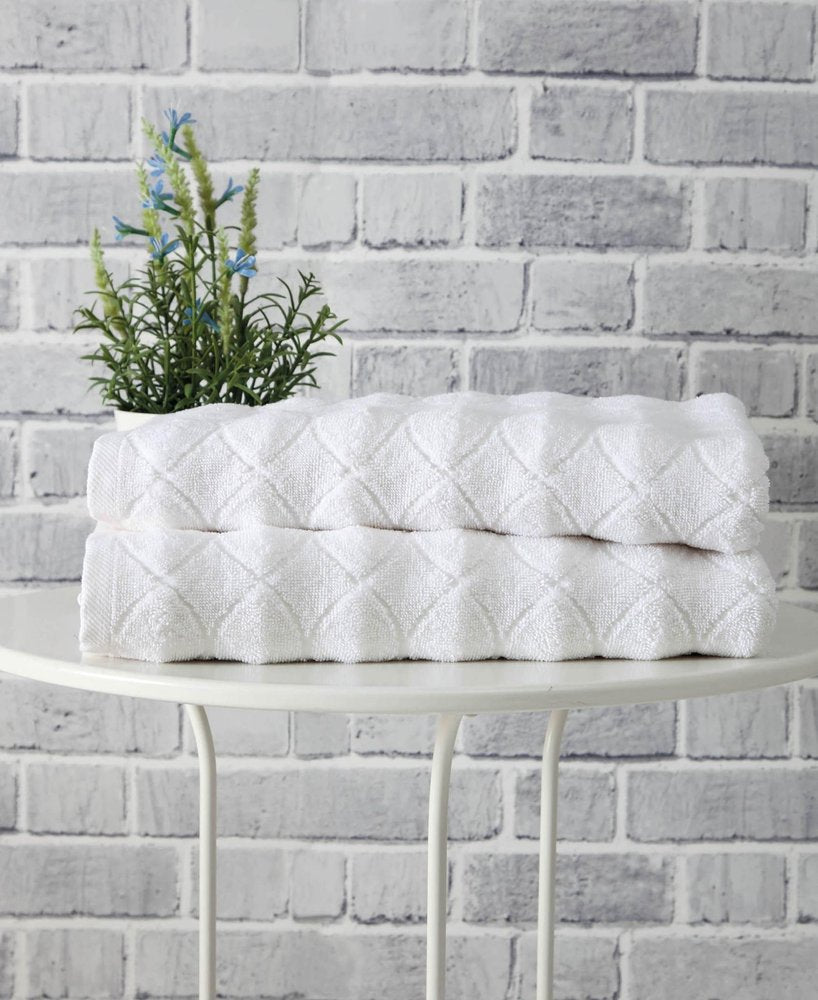 Set of Two White Geometric Turkish Cotton 16" X 30" Hand Towels