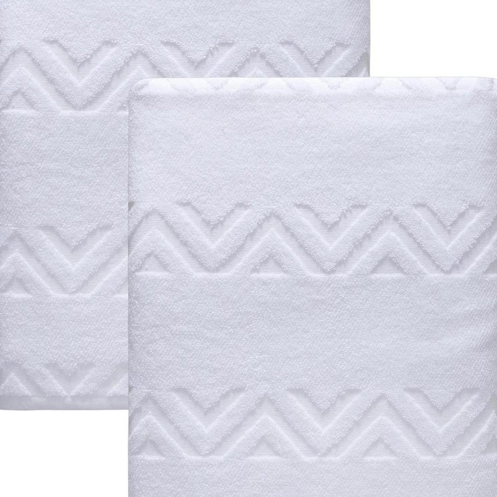 Set of Two White Geometric Turkish Cotton 40" X 70" Bath Sheet