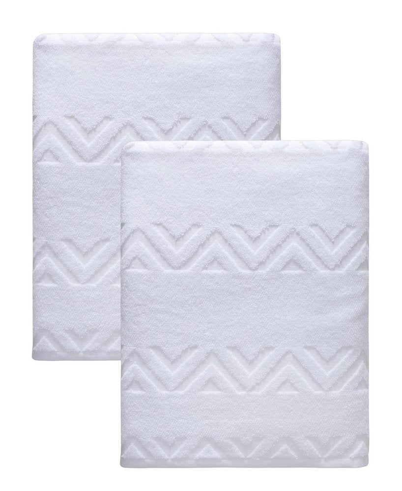 Set of Two White Geometric Turkish Cotton 27" X 54" Bath Towels