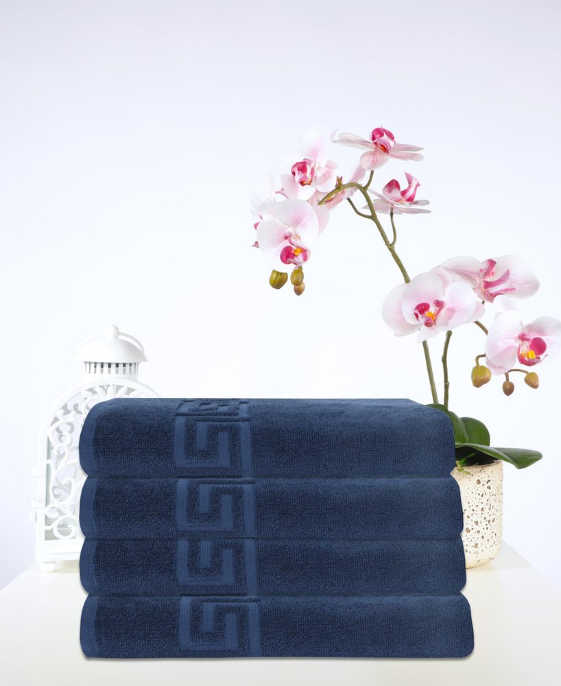 Set of Four White Greek Key Turkish Cotton 40" X 60" Bath Sheet