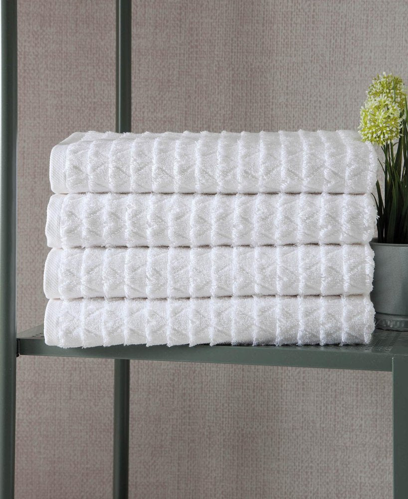 Set of Four White Geometric Turkish Cotton 27" X 54" Bath Towels