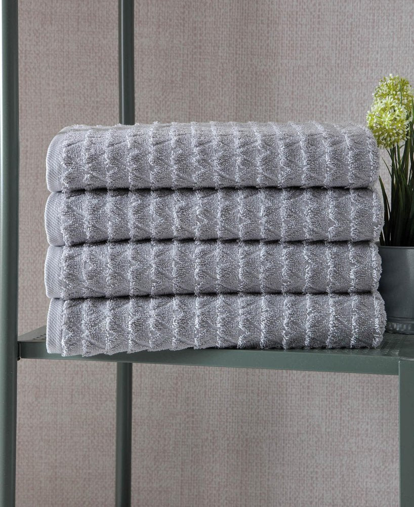 Set of Four White Geometric Turkish Cotton 27" X 54" Bath Towels