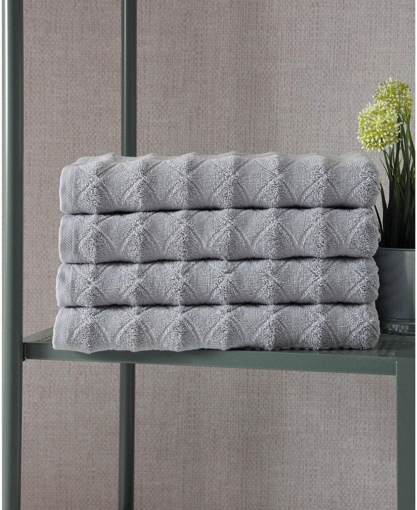 Set of Four White Geometric Turkish Cotton 27" X 54" Bath Towels