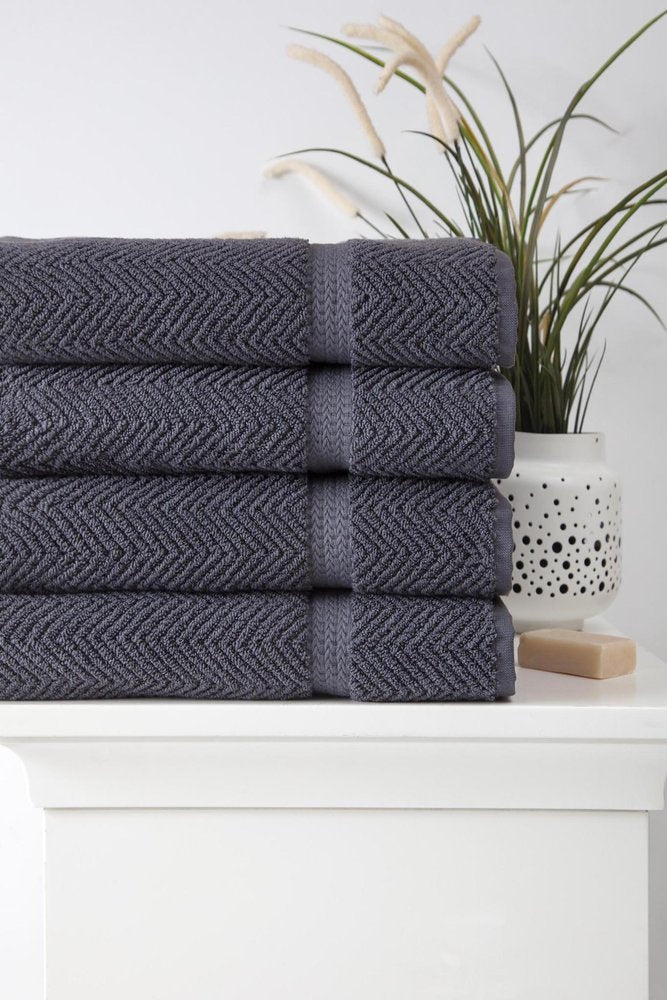 Set of Four Dark Gray Chevron Turkish Cotton 27" X 54" Bath Towels