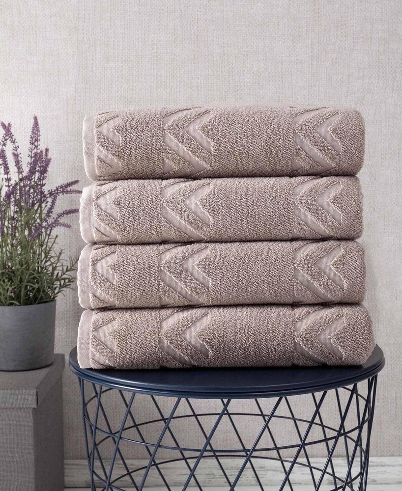 Set of Four Brown Geometric Turkish Cotton 27" X 54" Bath Towels