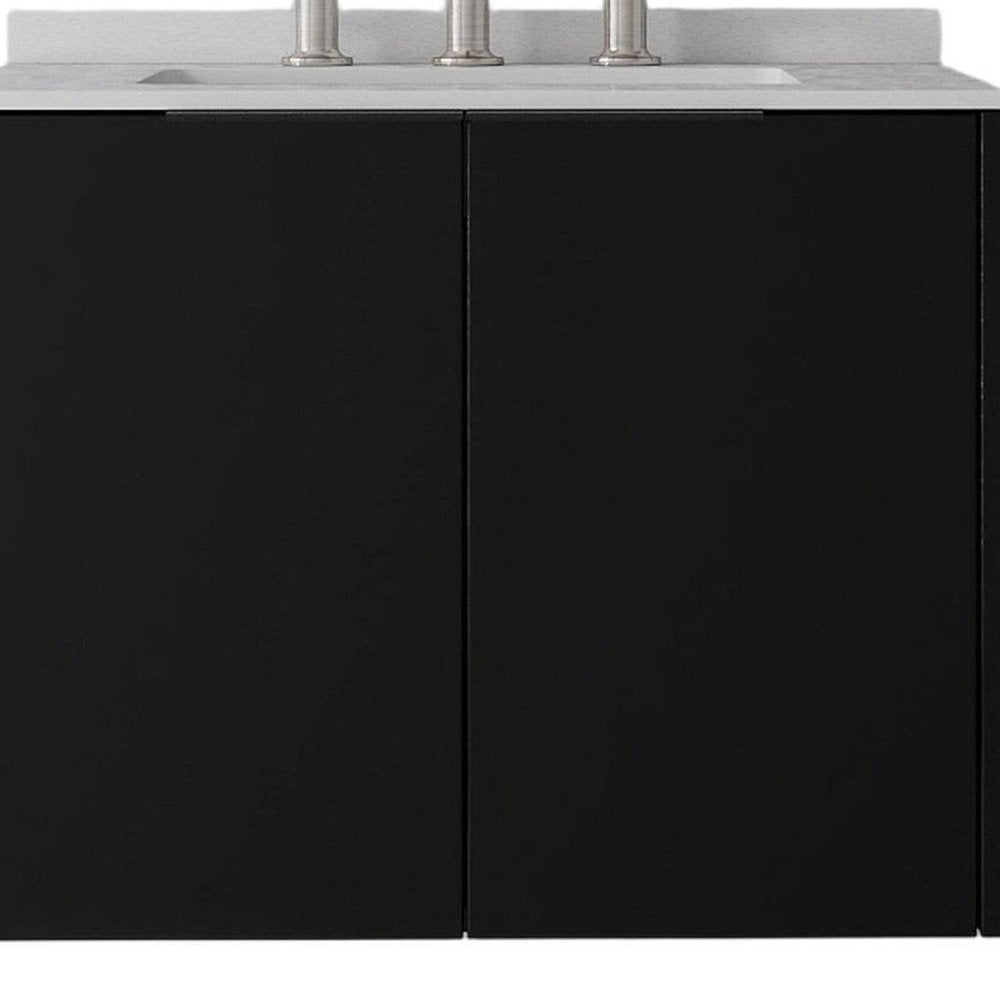 24" Black Wood Floating Double Door Bathroom Vanity With White Sink